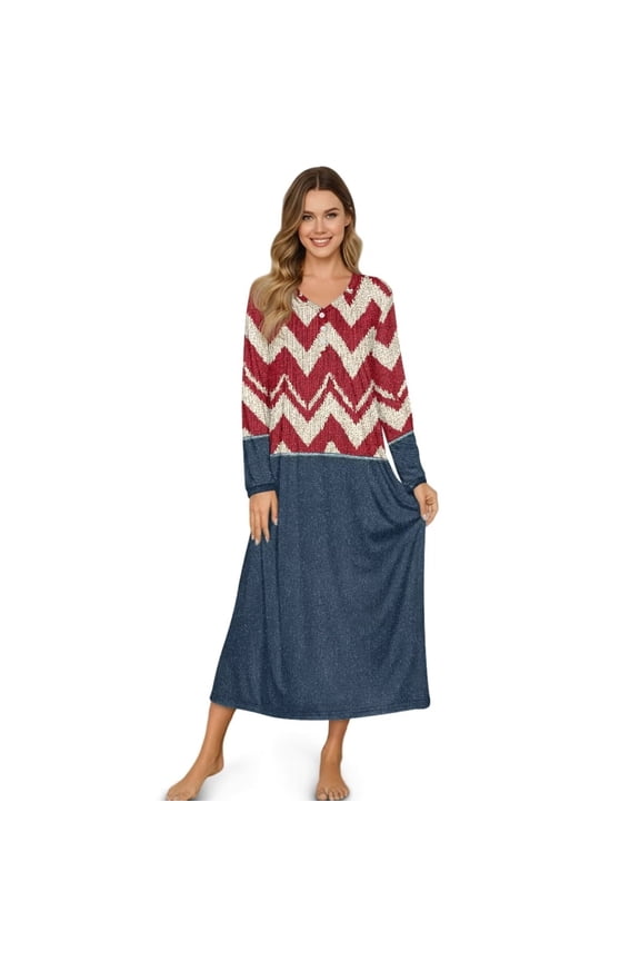 Nightgowns for Women Winter Long Sleeve Button Down Long Warm Nightdress Red Blue Print Soft Sleepwear Night Gown Comfy Loungewear, 4XL