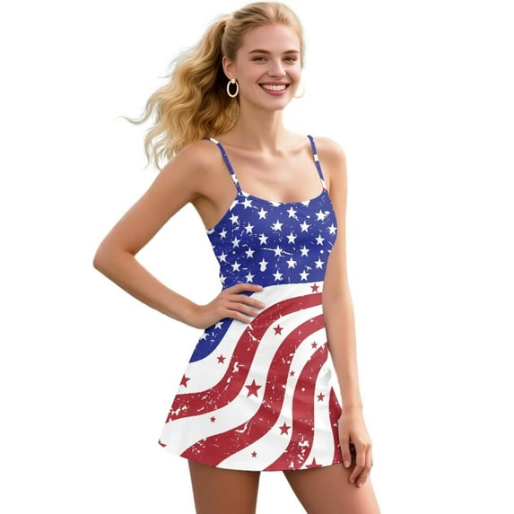 Psesaysky Novelty American Flag Print Athletic Dress for Women 4th of July Square Neck Sleeveless Spaghetti Strap Tennis Dress for Yoga Golf Exercise, Size XS