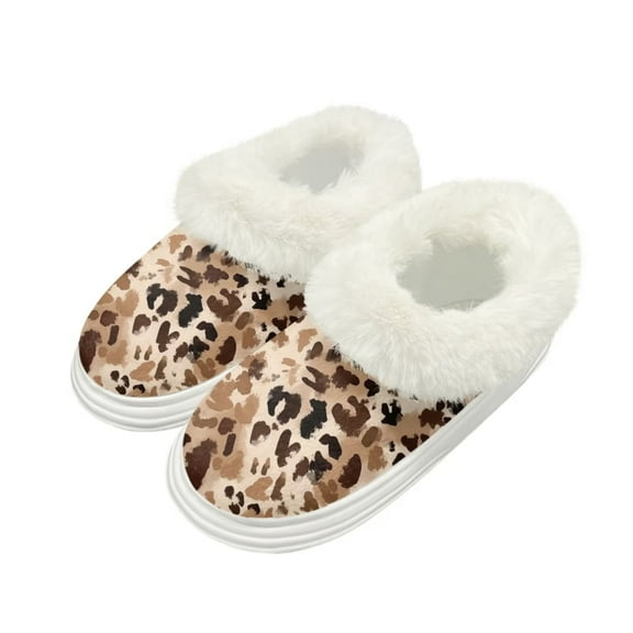 Psesaysky Novelty Brown Leopard Print House Slippers for Women Indoor Fleece Lined Women Fuzzy Slippers Winter House Shoes Non-slip Thick Sole, Size 7-8