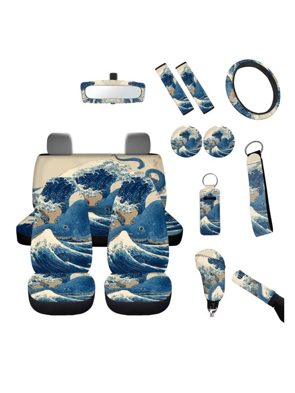 Octopus Car Interior Set 14Pcs Sea Waves Auto Seat Cushion Covers for Front Rear Seats Auto Steering Wheel Cover Octopus Car Cup Mats Seatbelt Pads Vehicles Interior Mirror Cover