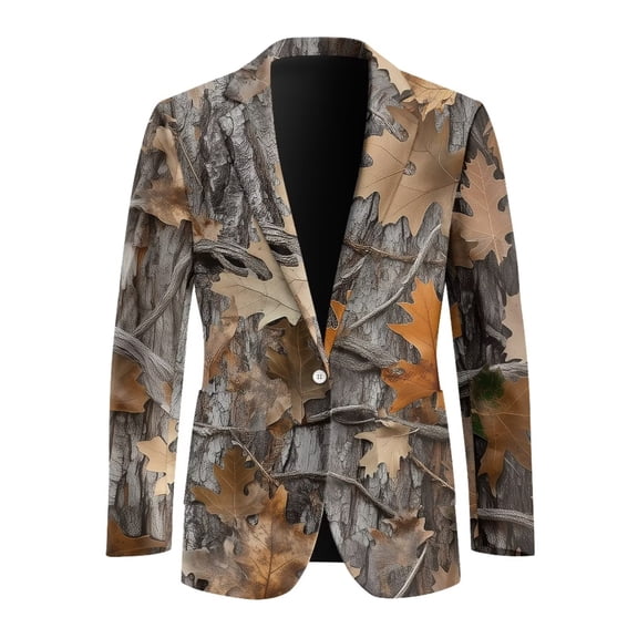Psesaysky One Button Blazers for Men Busniess Jacket with 2 Pockets Breathable Slim Fit Open Front Suit with Two Pockets Camo Hunting Forest,XL