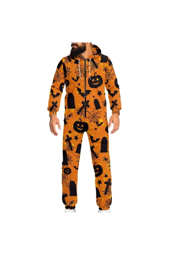 Onesie Pajamas for Men Plus Size Drawstring Womens Novelty One-Piece Pajamas with Pocket Casual Loose Fit Sleepwear Playsuit Halloween Pumpkin Tombstone Print, Size S
