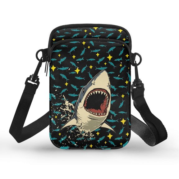 Psesaysky Open Mouth Shark Print Crossbody Bag, Lightweight Shoulder Bags 2 Layers Mini Purse for Travel Running