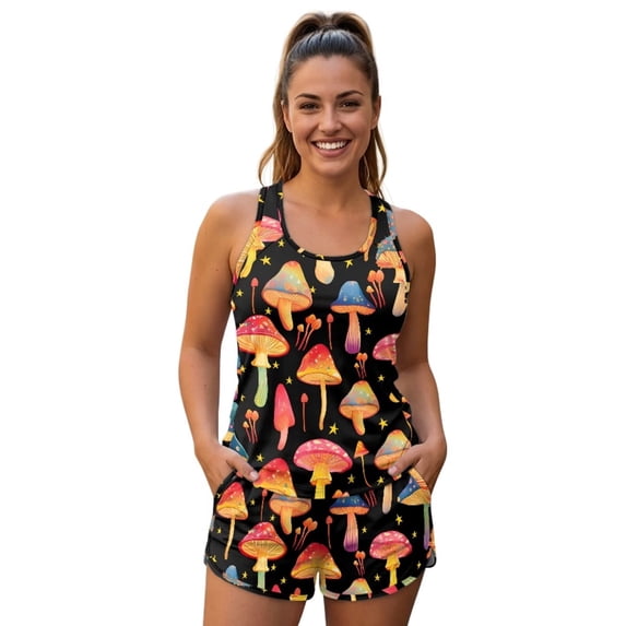 Psesaysky Orange Mushroom High Waist Tankini Swimsuits for Women Two Piece Bathing Suits Racerback Workout Tank Top and Swimwear Shorts for Holiday