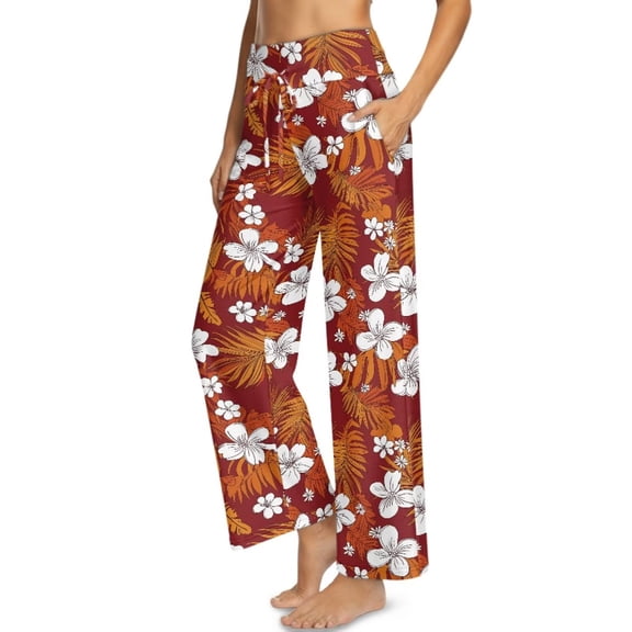 Psesaysky Orange Tropical Palm Leaves Print Wide Leg Casual Pants for Women High Waisted Vacation Travel Trousers Business Casual Slacks Drawstring Flowy Palazzo Pant, Size 2XL