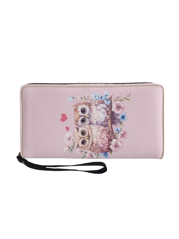 Owl Floral Hearts Metal Zipper Long Purse for Travel Shopping Beach, PU Leather Zip-Around Clutch Card Holder Wallets