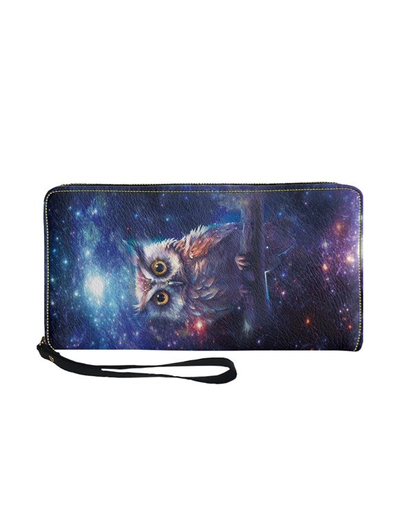 Owl Galaxy Money Wallet, Large Capacity PU Leather Women's Long Wallet for Travel Outdoor, Zip Around Long Purse
