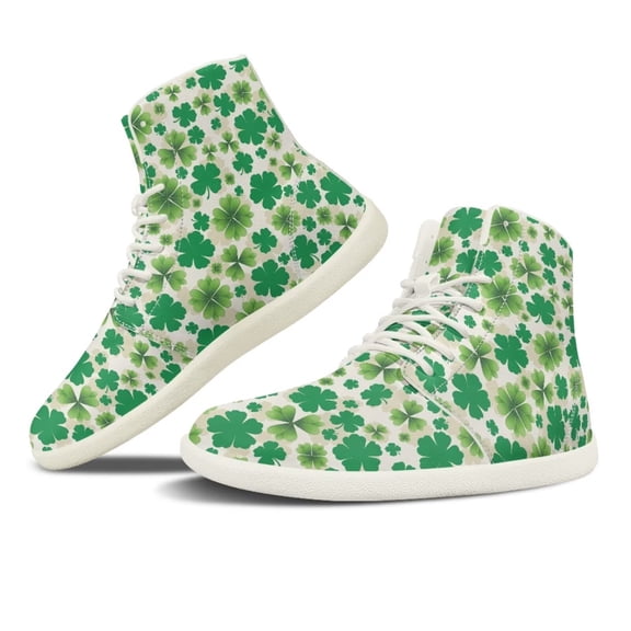 Psesaysky PU Leather Barefoot Shoes for Women Girls Lace-Up Sneakers Four Leaf Clover Print Sneakers Lightweight Comfortable Walking Shoes