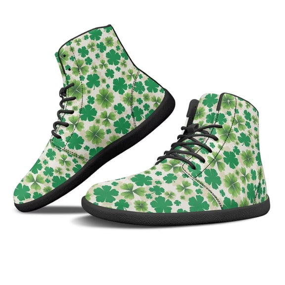 Psesaysky PU Leather Barefoot Shoes for Women Girls Lace-Up Sneakers Four Leaf Clover Print Sneakers Lightweight Comfortable Walking Shoes