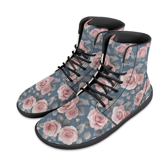 Psesaysky PU Leather Barefoot Shoes for Women Girls Rose Printed Wide Width Comfortable Sneakers Size 6-13.5