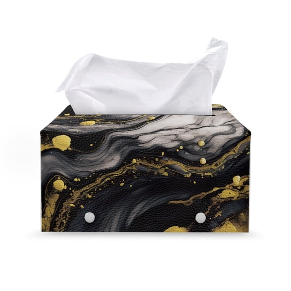 Psesaysky PU Leather Cuboid Tissue Box Holder, Black Gold Marble Decoration Tissue Box Cover Multifunctional Easy to Carry Rectangle Tissue Box Cover for Kitchen Bathroom