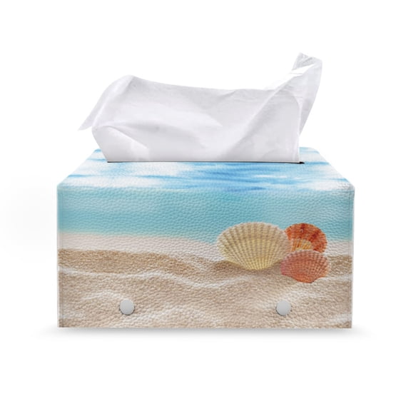 Psesaysky PU Leather Rectangle Tissue Box Cover, with Buckle Easy to Clean Tissue Box Holder for Tabletop Living Room, Beach Seashell Pattern