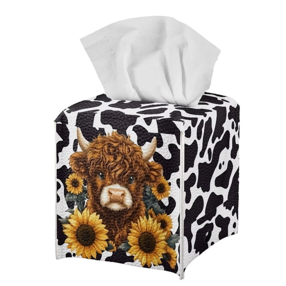 Psesaysky PU Leather Square Tissue Box Cover - Brown Highland Cow Sunflower Tissue Cube Box Holder with Metal Button Bottom, Decorative Organizer for Vanity Toilet Night Stand Table Office Car