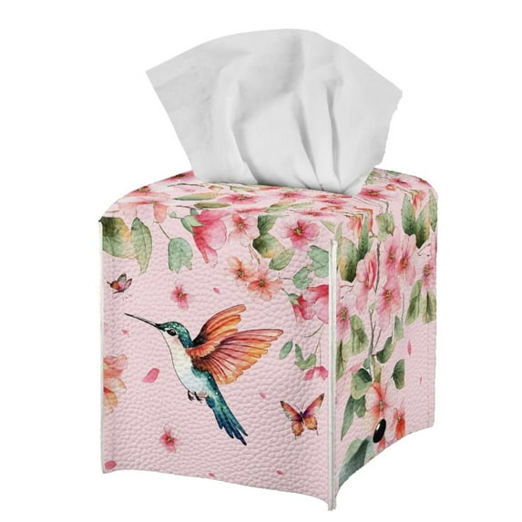 Psesaysky PU Leather Tissue Box Cover Square with Bottom Belt, Pink Hummingbird Flower Waterproof Tissue Box Holder for Bathroom Bedroom Office Desk, Decorative Organizer