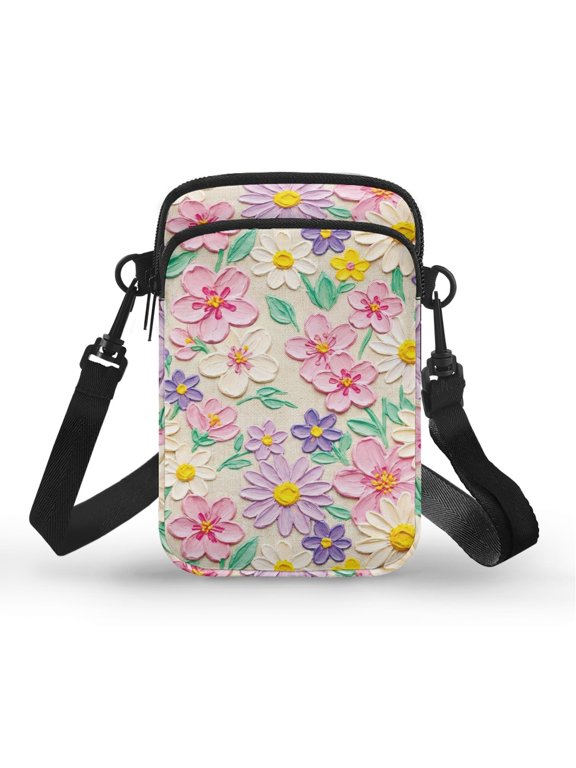 Painted Floral Cell Phone Purse with Adjustable Strap, Zipper Crossbody Bag Shoulder Bag for Outdoor Work and Daily Use