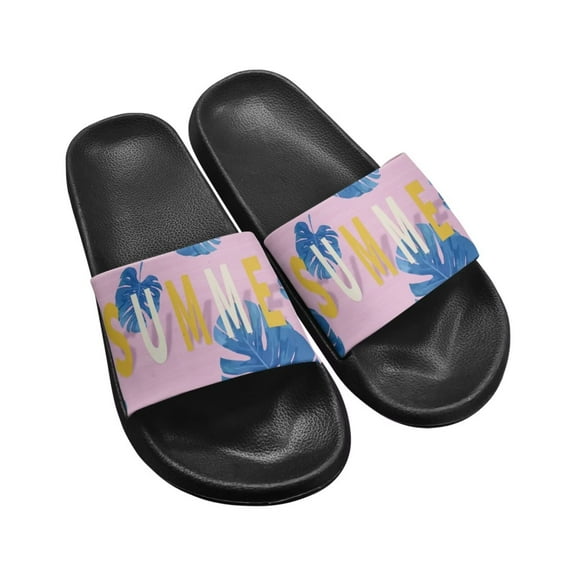 Psesaysky Palm Leaves Pattern Slide Sandals for Big Girls Women's Summer Slippers Non-Slip Lightweight Shower Shoes Fashion Wear-Resistant Beach Slides Black Sole Size 5