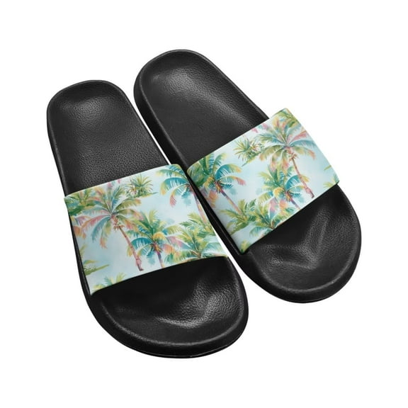 Psesaysky Palm Leaves Print Slide Sandals for Girls Women Summer Flexible Essential Slippers Bathroom Pool Beach Casual Sandals Black Sole Size 8.5