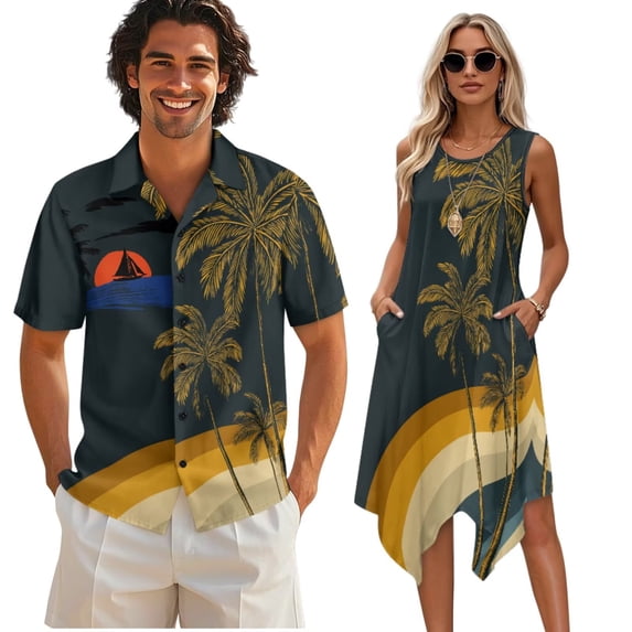 Psesaysky Palm Tree Print Womens Sleeveless Dress or Matching Mens Shirts 2026 Couples Matching Outfit Party Beach Sundress with Pockets &Summer Aloha Shirts Plus Size