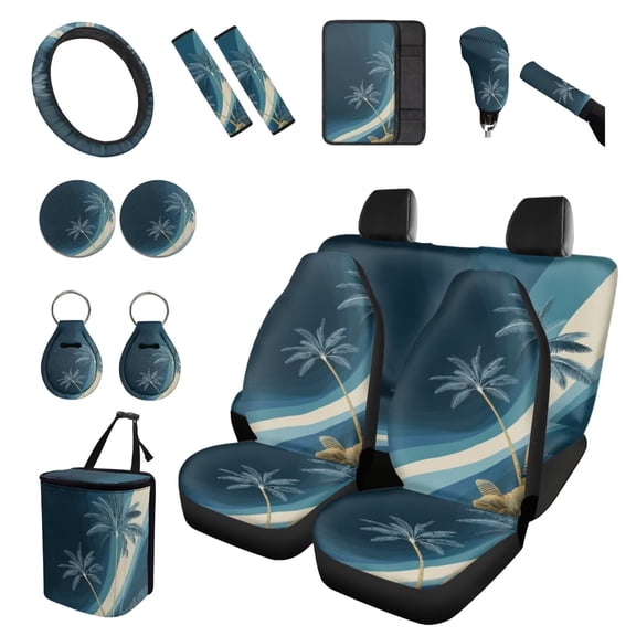 Psesaysky Palm Tree Stripes Car Accessories Full Set Pack of 15 Breathable Tropical Car Front Back Seats Covers Sets with Hanging Trash Bag, Shoulder Pads, Hawaiian Auto Interior Essentials
