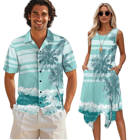 Psesaysky Palm Tree Teal Ocean Tunic Sundress for Women,Short Sleeve Shirts for Men,Couples Matching Hawaii Outfit Beach Vacation Shirts and Sleeveless Midi Flared Dress Plus Size