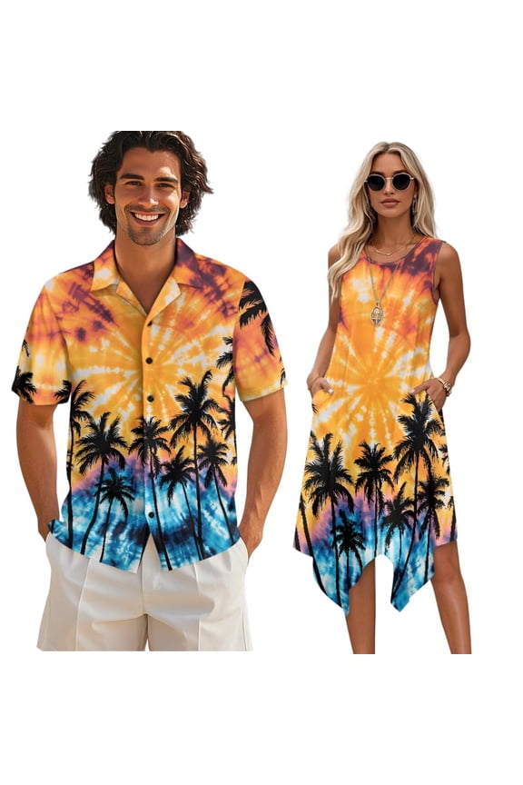 Palm Tree Tie Dye Print Mens Button Down Shirts and Womens Dress Couples Hawaiian Matching Luau Outfit,Summer Sleeveless Flowy Beach Sundress with Pockets