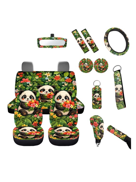 Panda Car Seat Covers Flower Field Front Seat Cushion 14Pcs Universal Car Interior Cushion Steering Wheel Cover Seatbelt Pads Coaster Gear Lever Handbrake Cover Keychain