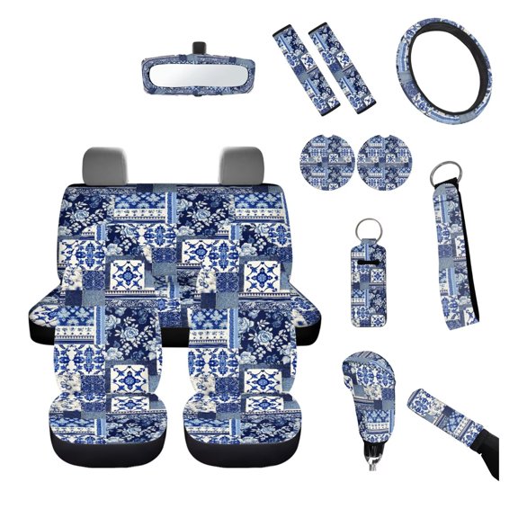Psesaysky Patchwork Car Decor Front Seat Covers Interior Accessory Blue White Patchwork Steering Wheel Cover Rear Seat Belt Pads Coasters Rearview Mirror Cover Keychain Gear Hand Brake