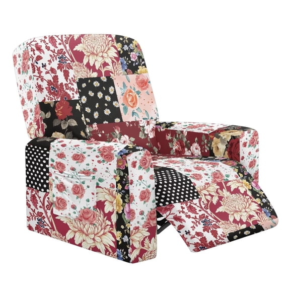 Psesaysky Patchwork Flowers Pattern Recliner Chair Cover,Fall Stretch Reclining Sofa Covers with Pockets,Washable Lazy Boy Recliner Slipcovers, Couch Protector for Kids, Pets, Dog and Cat