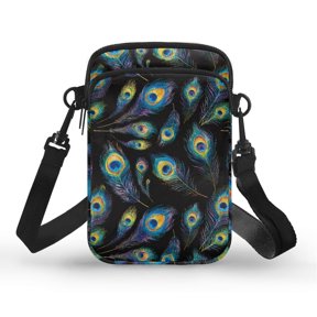 Psesaysky Peacock Feather Crossbody Case, Adjustable Zipper Crossbody Strap Small Purse for Running Work Travel