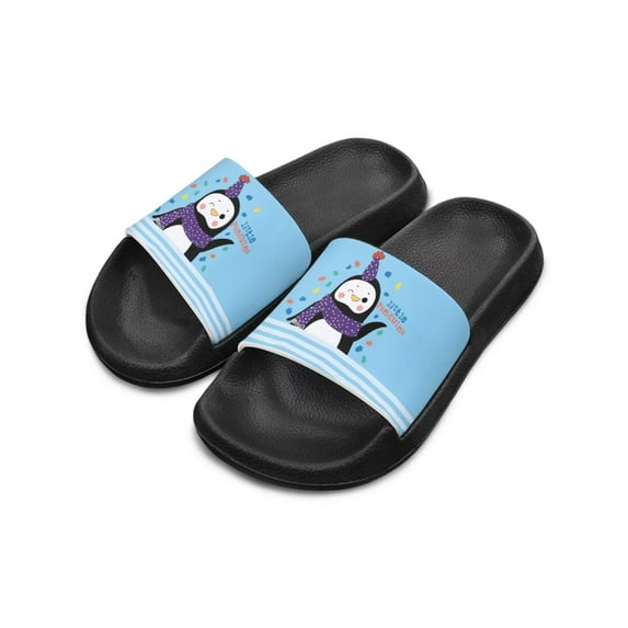 Psesaysky Penguign Printed Slide Sandals for Little Girls Boys Anti-Slip Comfortable Cartoon Animal Sandals Convenient Wear-Resistant Blue Slippers Black Sole Big Kid Size 3
