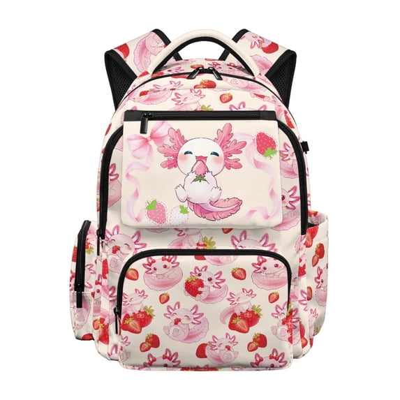Psesaysky Pink Axolotl Strawberry Print Book Bag with Breathable Lightweight Kids School Backpack, Multiple Compartments 17 Inch Bookbag for Daily Travel College Outdoor