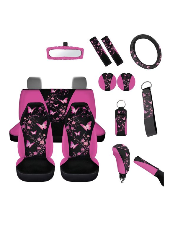 Pink Butterfly Car Front Seat Covers for Women 14Pieces Full Set Car Interior Stretch Auto Steering Wheel Covers Cup Mats Butterfly Keyring Seatbelt Pads Shift Knob Handbrake Cover