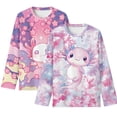 thumbnail image 1 of Psesaysky Pink Cartoon Axolotl Girls Long Sleeve Shirts 2 Pack Casual Lightweight Layering Tops 9-10 Years Slim Fit Crewneck Casual Undershirts, 1 of 6