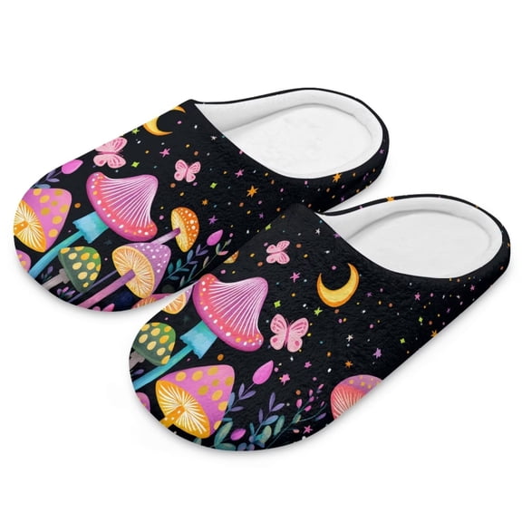 Psesaysky Pink Cartoon Mushroom Moon Night Print House Slippers for Women Comfortable Non-slip Indoor Slippers Closed Toe Soft Bedroom Shoes, Size 9-10