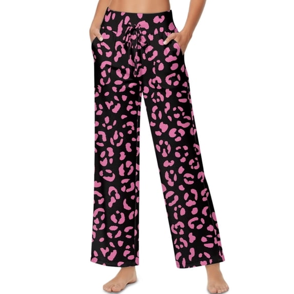 Psesaysky Pink Cheetah Print Wide Leg Pants Woman Trendy Stretchy Yoga Pants Women Drawstring Business Casual Slacks Trousers Fall Outfits, Size L