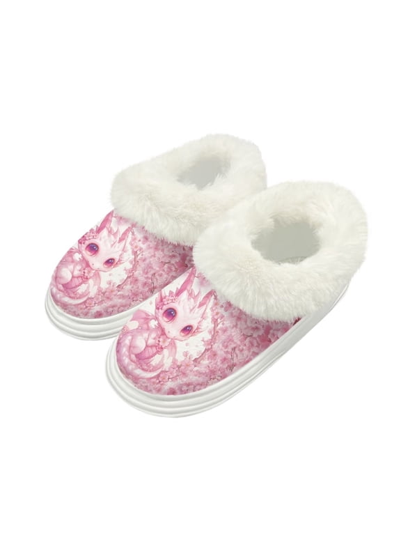 Pink Dragon Print Womens House Fuzzy Slippers Thick Sole Platform Slippers with Plush Lining Slip on Home Kitchen Shoes, Size 5-6