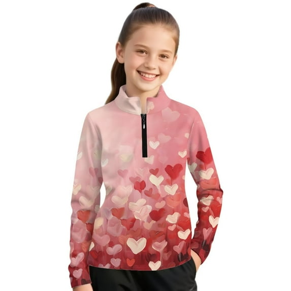 Psesaysky Pink Hearts Print Girls Long Sleeve Shirts Quarter Zip Pullover Quick Dry Athletic Shirts Kids Basic Tees Workout Yoga Tops Active Clothes for Teens 6-7 Years