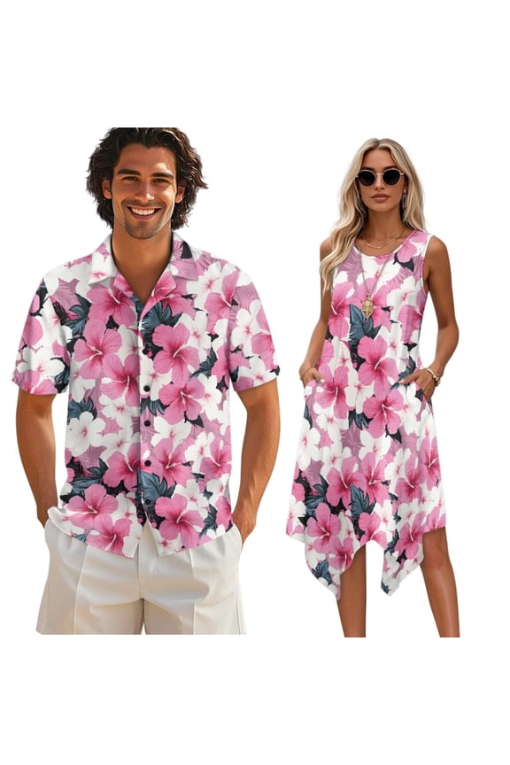 Pink Hibiscus Print Mens Shorts Sleeve Shirt &Womens Sleeveless Flowy Tunic Dress Couples Matching Hawaiian Luau Outfit His and Her Topical Shirts and Dresses with Pockets