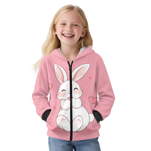 Psesaysky Pink Hoodie Girls Adorable Rabbit Print Jacket Sweatshirt with Pocket Winter Coat Jacket for Girls Zip Hooded Long Sleeve Tops, Size S