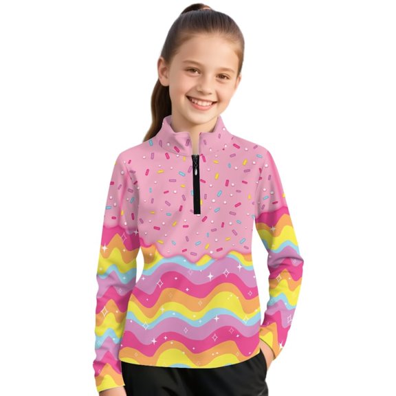 Psesaysky Pink Ice Cream Print Girls Long Sleeve Shirts Quarter Zip Pullover Quick Dry Athletic Shirts Kids Basic Tees Workout Yoga Tops Active Clothes for Teens 12-13 Years