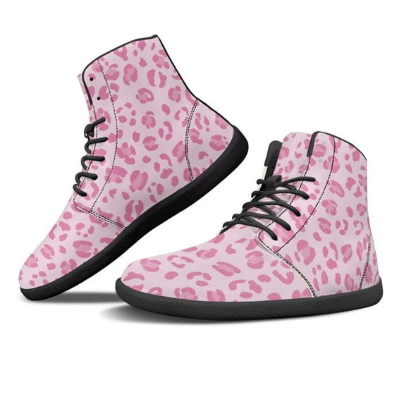 Psesaysky Pink Leopard Print Sneakers High-top Barefoot Shoes Fashion Casual Shoes for Women and Girls Non-Slip Comfortable Walking Shoes