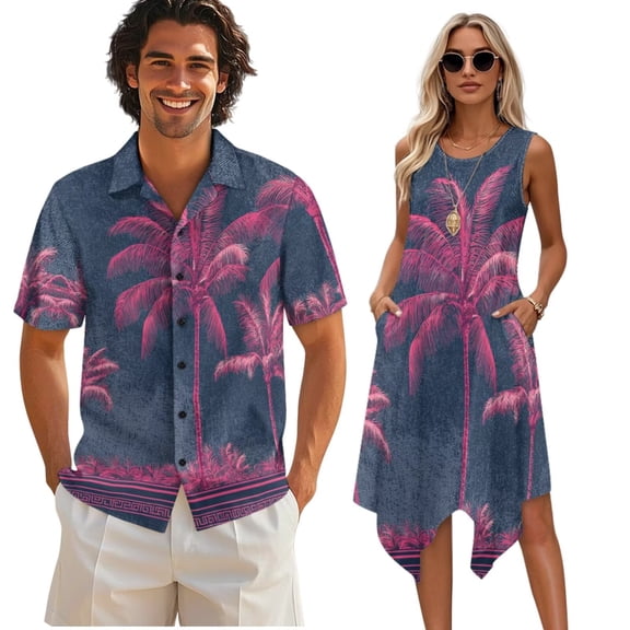 Psesaysky Pink Palm Tree Print Mens Shorts Sleeve Shirt &Womens Sleeveless Tunic Dress Couples Matching Hawaiian Luau Outfit His and Her Topical Shirts and Dresses with Pockets