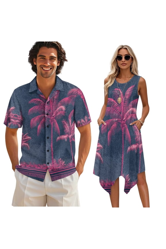 Pink Palm Tree Print Mens Shorts Sleeve Shirt &Womens Sleeveless Tunic Dress Couples Matching Hawaiian Luau Outfit His and Her Topical Shirts and Dresses with Pockets