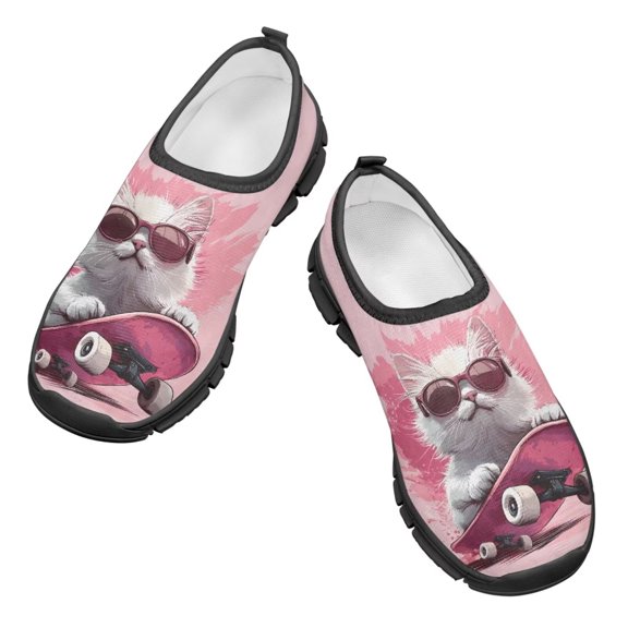 Psesaysky Pink Skateboard Printed Shoes with Cat for kid Girls Skin-Friendly Breathable Loafer for School Size 11-15