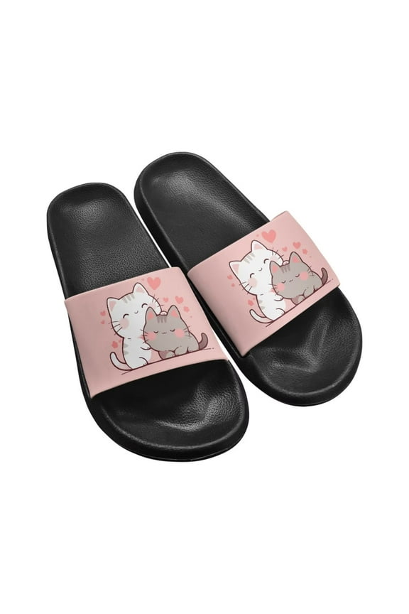 Pink Slide Sandals with Lovely Cats Women's Anti-Slip Lightweight Beach Sandals Cute House Slippers Shower Shoes for Girl Students Black Sole Size 9