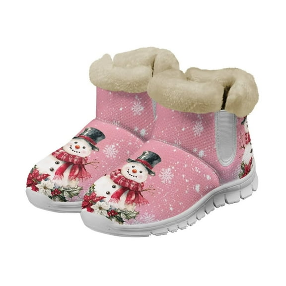 Psesaysky Pink Snow Boots with Snowman for Big Girls Wide Width Comfortable Plush Winter Boots Soft and Warm Flannel Lining