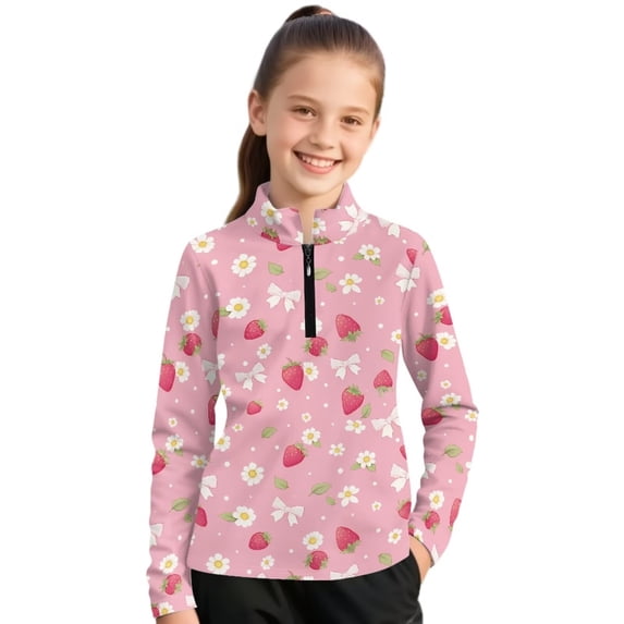 Psesaysky Pink Strawberry Floral Print Girls Half Zip Sweatshirt Cropped Pullover Hoodies Long Sleeve Zipper Sweatshirt Fall Winter Tops Athletic Thermal Coat 12-13 Years