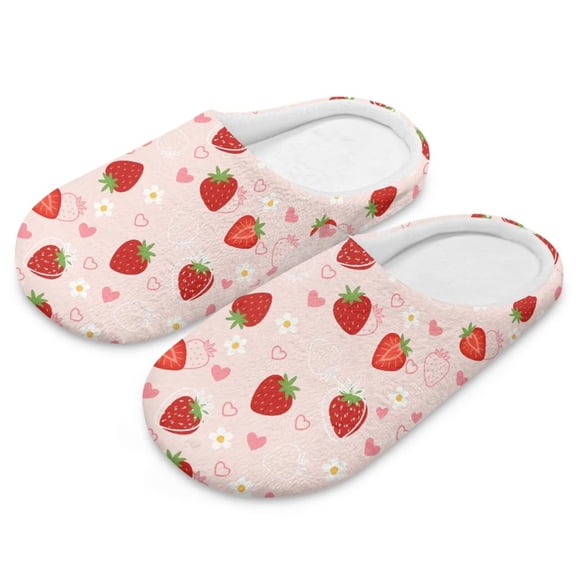 Psesaysky Pink Strawberry Print House Slippers for Woman Lightweight Indoor Slippers Closed Toe Slip On Bedroom Shoes with Memory Foam, Size 9-10