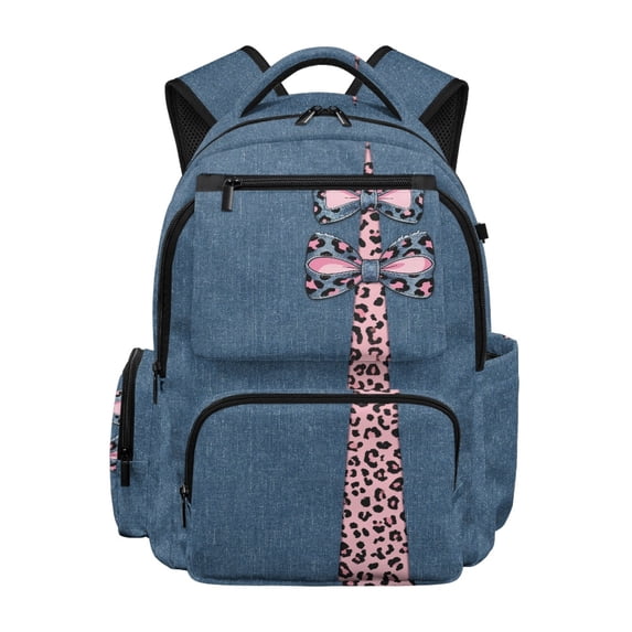 Psesaysky Pink leopard-print bow School Bag with Durable, Waterproof Compartments 17 Inch School Backpack for Scuola Outdoor