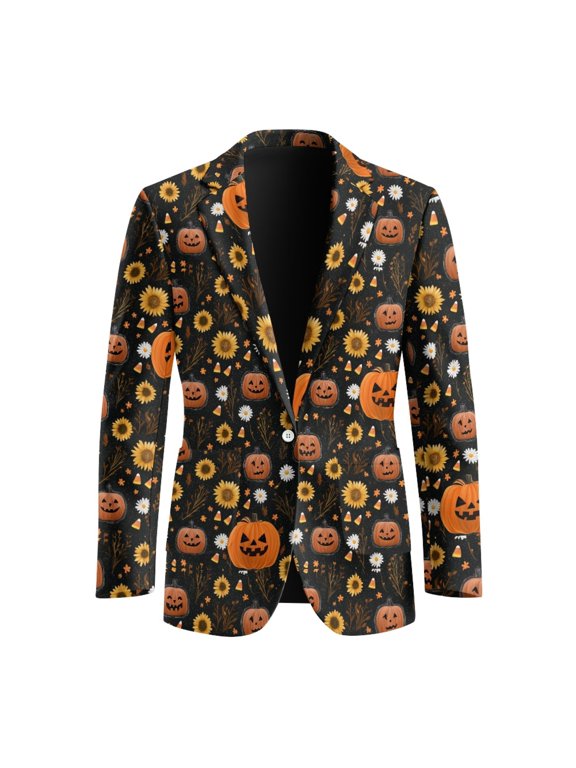 Polyester Blazer for Men for Formal Work, Lightweight Lining Suit Jacket, Pumpkin Sunflower Print
